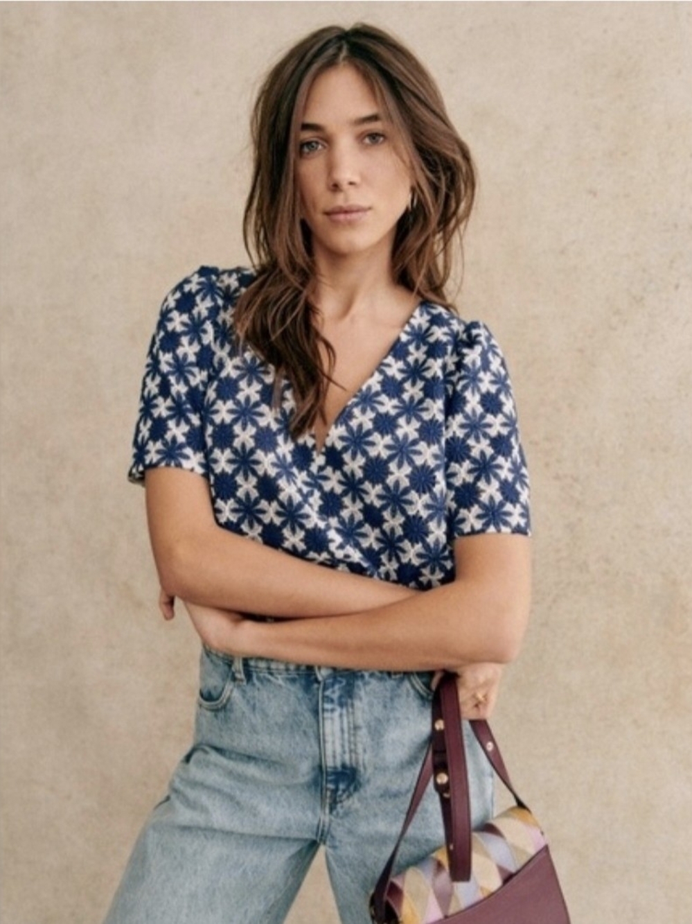 Sezane Emma Blouse Ecru Navy Floral Size EU40 US8